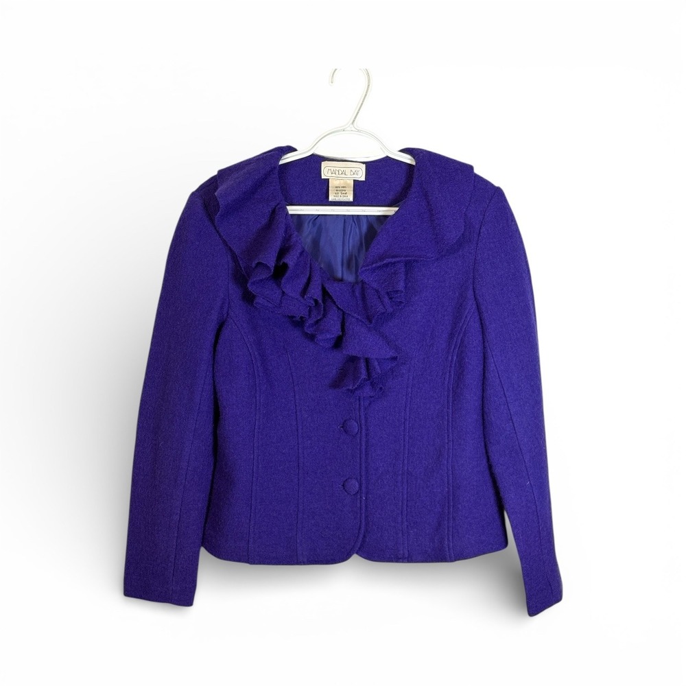 Mandal Bay Purple 100% Wool Ruffle Front Blazer Jacket Women's Small